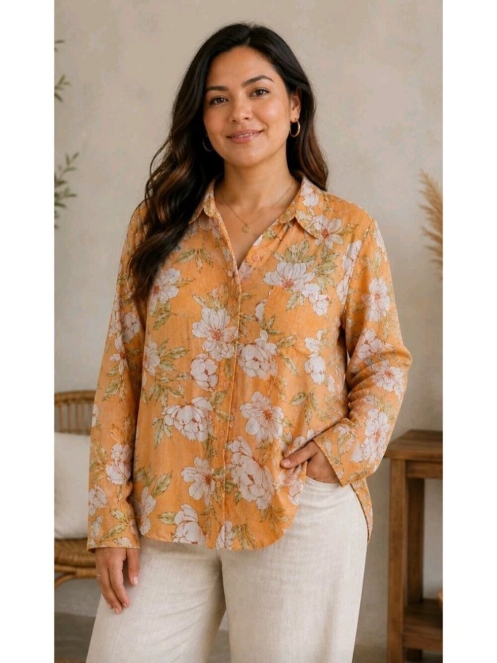 Blue Sol Linen Blend Shirt Roll Tab Floral Long Sleeve Hi Lo Pocket Casual Large